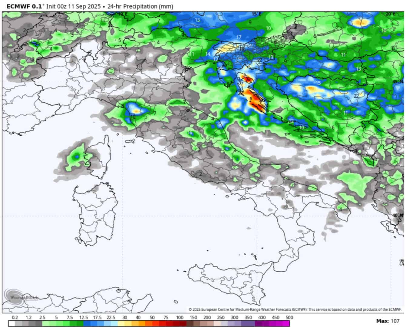 ECMWF: piogge attese domenica 14 settembre. Previsione da aggiornare.