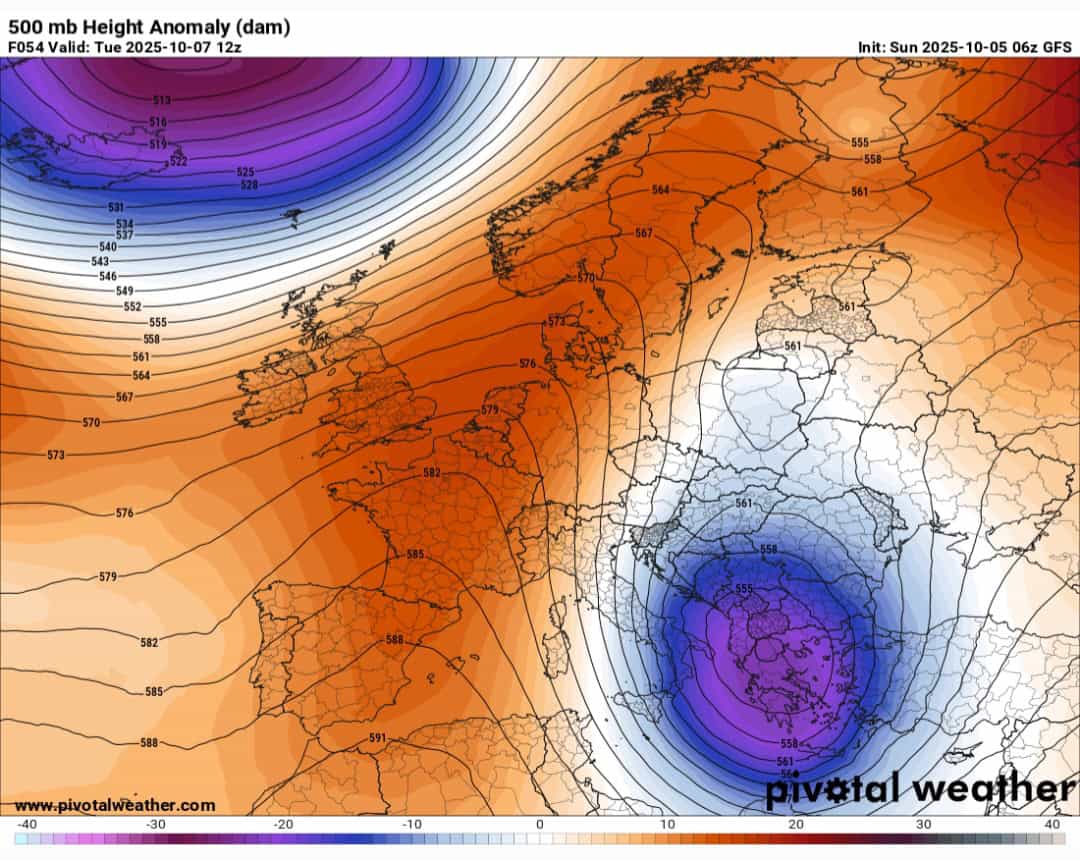 Anomalie geopotenziali 500 hPa 7 ottobre 