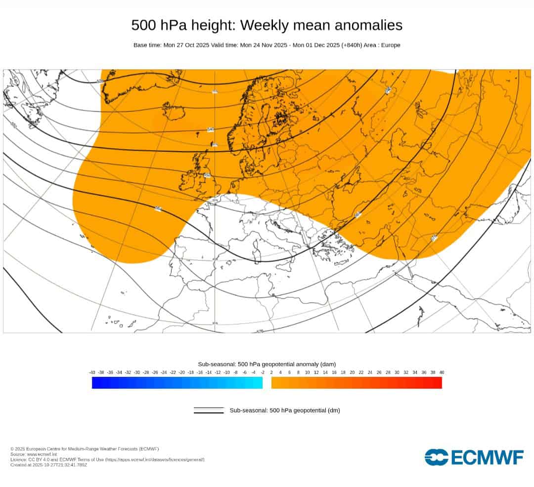 Anomalie geopotenziali 500 hPa fine novembre 