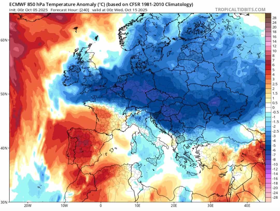 Anomalie termiche 850 hPa metà ottobre 