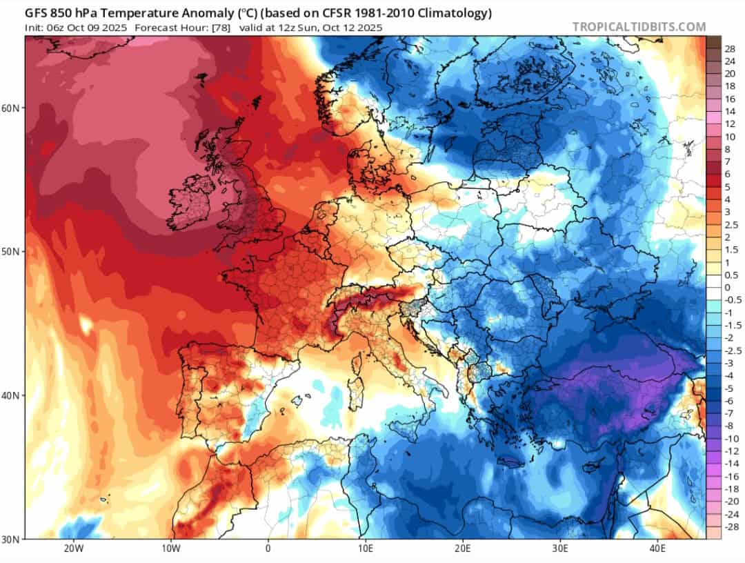 Temperature 850 hPa 12 ottobre 