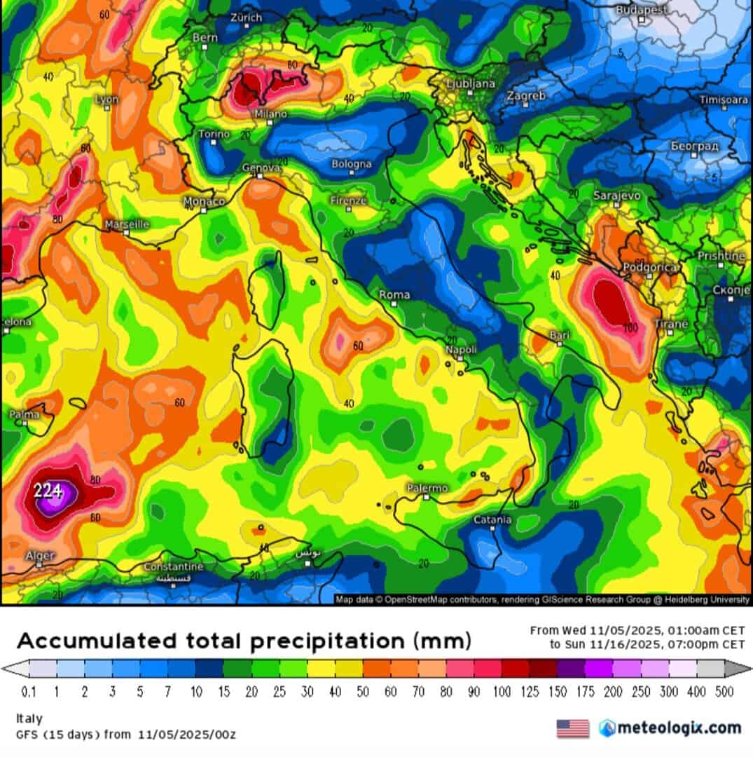 Accumuli pluviometrici metà novembre 