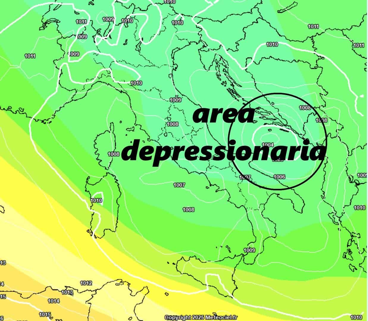 Importante fase di maltempo attorno all'Immacolata, nell'immagine Si può notare un minimo di bassa pressione sul mar Adriatico previsto la sera del 7 dicembre, la fonte è il sito meteociel