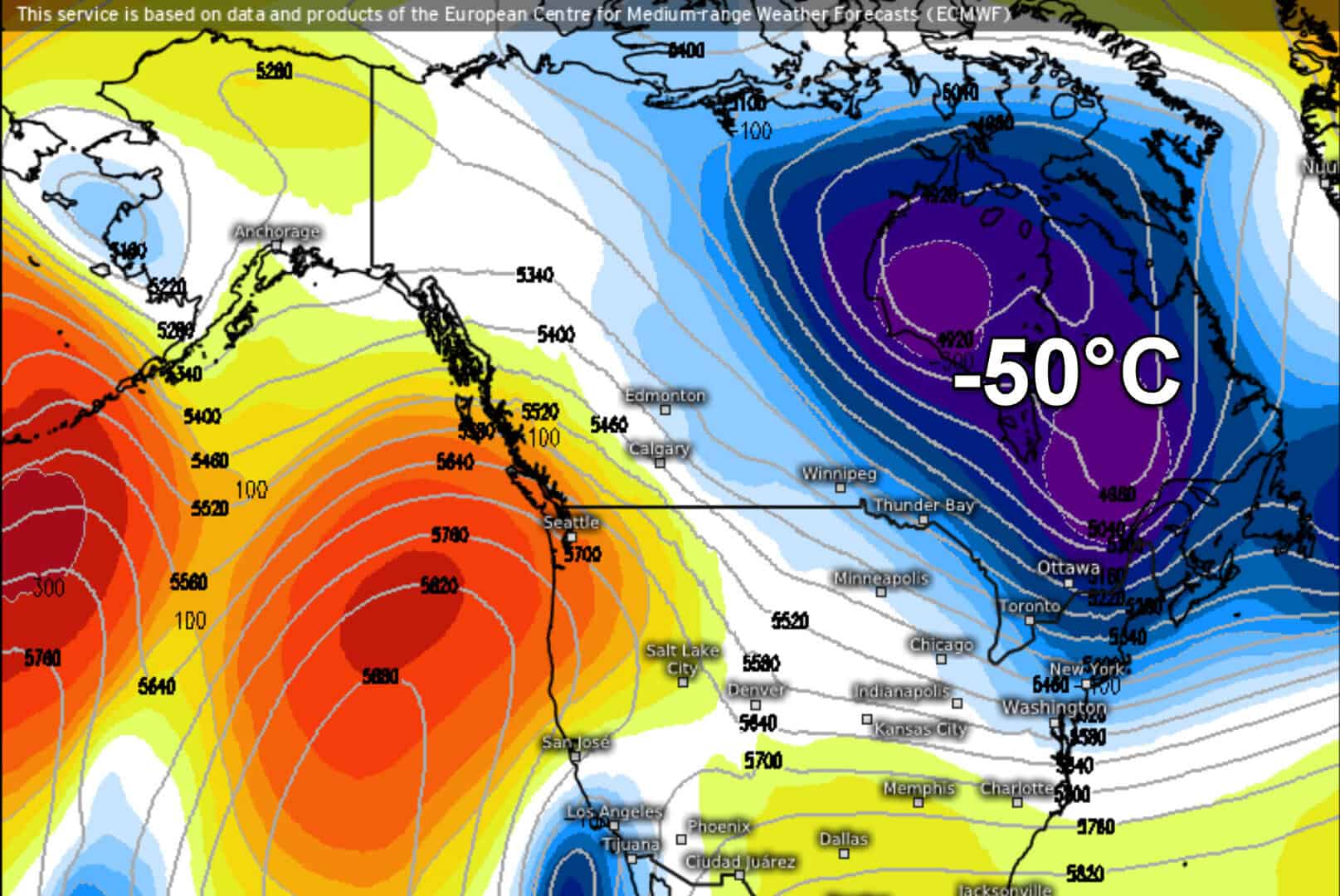 America del Nord, bassa pressione in quota a 50 gradi sotto zero