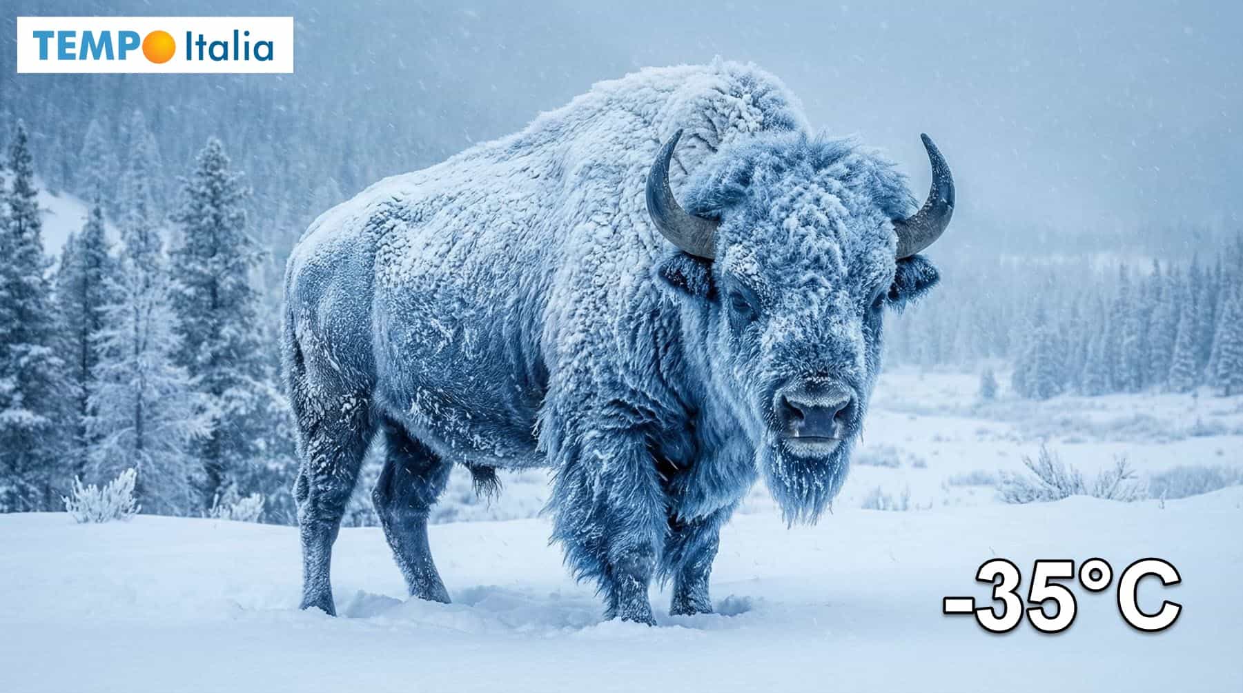 Un Bisonte, questi giorni a -35°C: il dominatore del gelo che affronta la tempesta