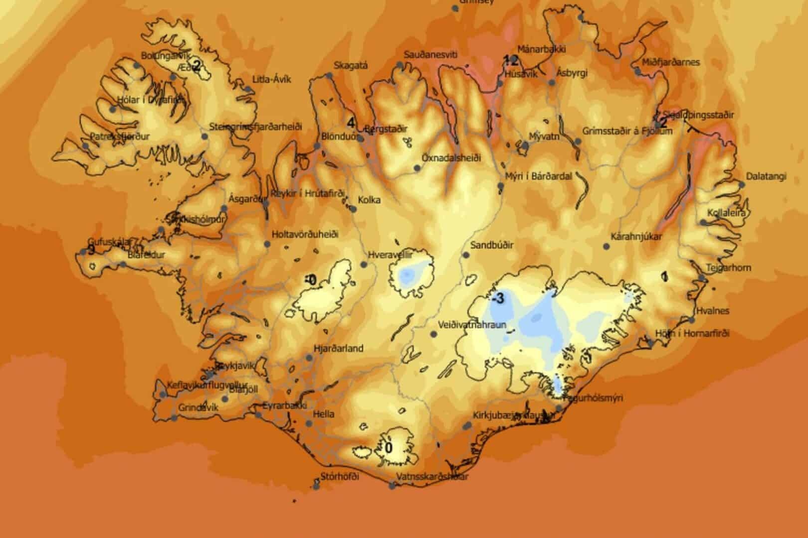 Aria tropicale verso l'Islanda a Natale. Credit Icelandic Meteorological Office RÚV.