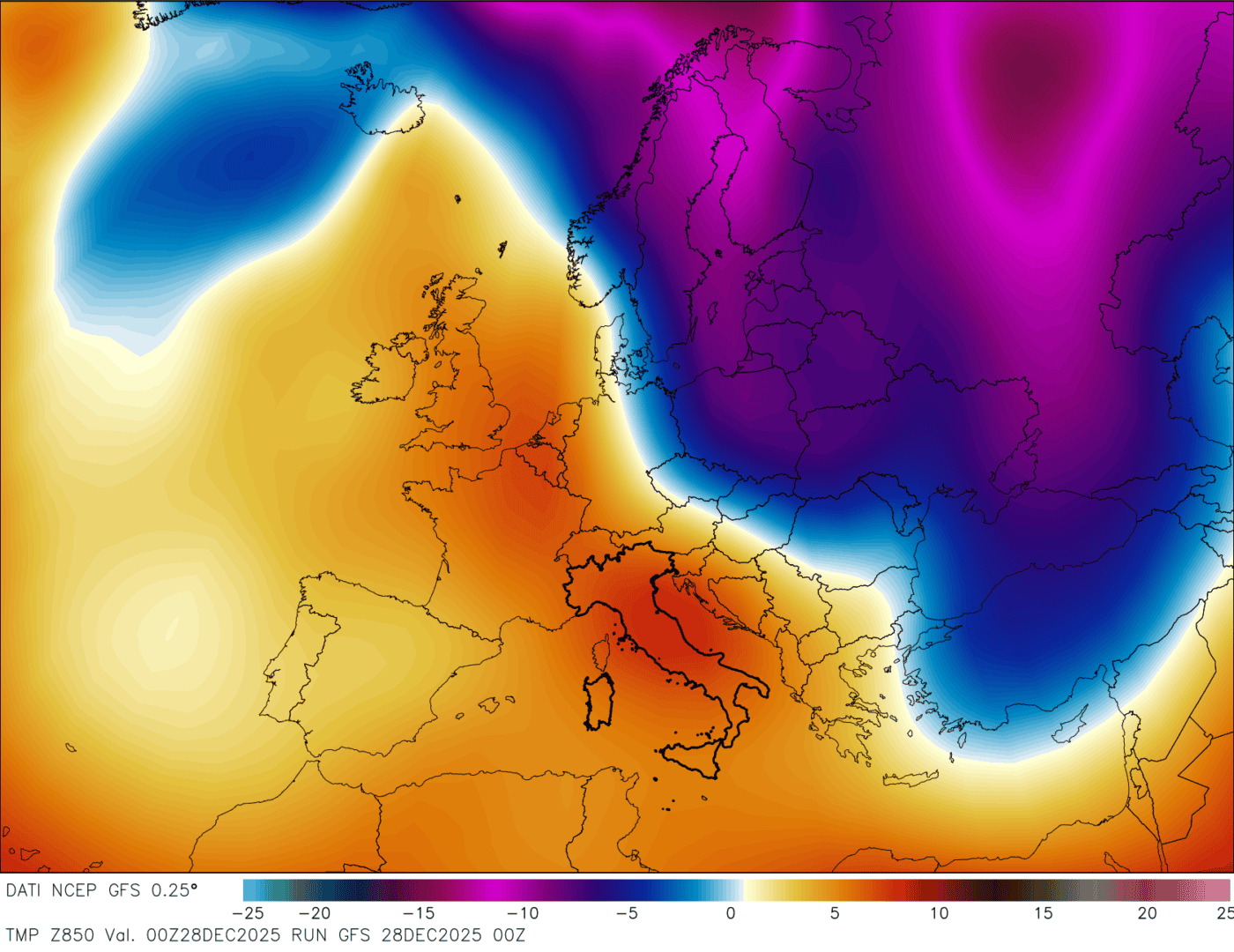 La situazione attuale a circa 1500 metri di quota in libera atmosfera mostra aria fredda nell'est d'Europa, come previsto questo giorni. Il freddo seguirà a breve.