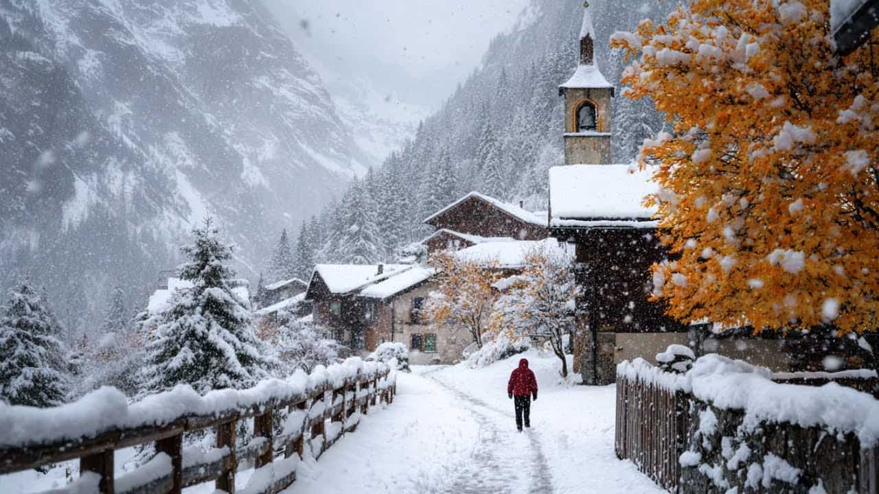 Una passeggiata dopo una forte nevicata in campagna, in Svizzera