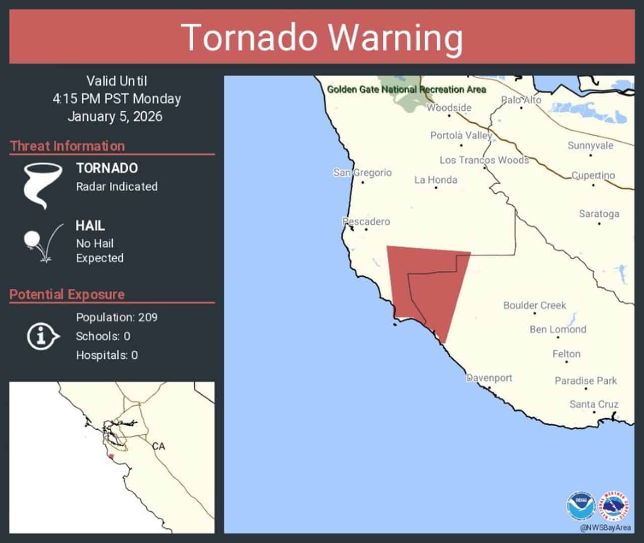 Tempesta in California: allerta tornado e neve sulla Sierra