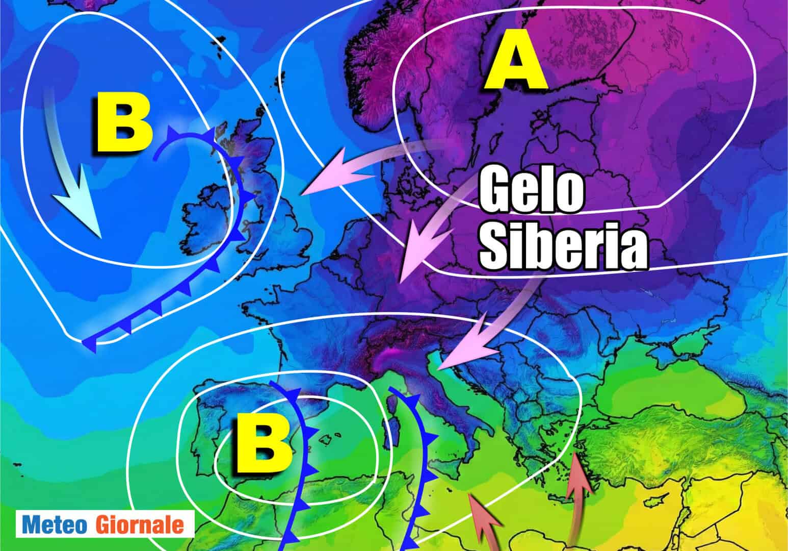 Diffuse nevicate verso Italia. Val Padana replay eventi estremi