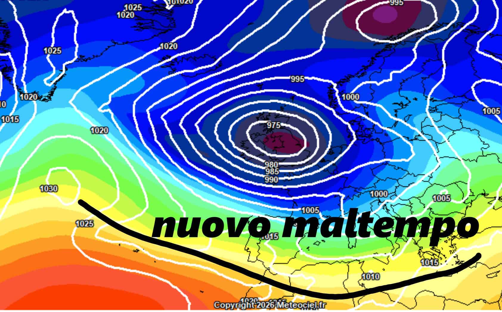 Esempio di scenario meteo per i primissimi giorni di marzo. Nuovo corridoio di maltempo, con il jet Atlantico che si abbasserebbe nuovamente di latitudine.