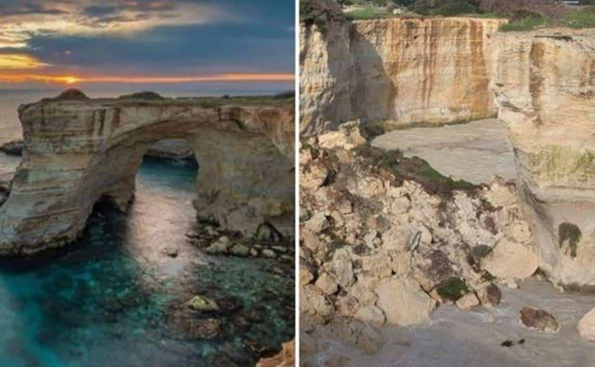 Maltempo, crolla l’arco dei Faraglioni in Salento. L’arco degli innamorati non c’è più