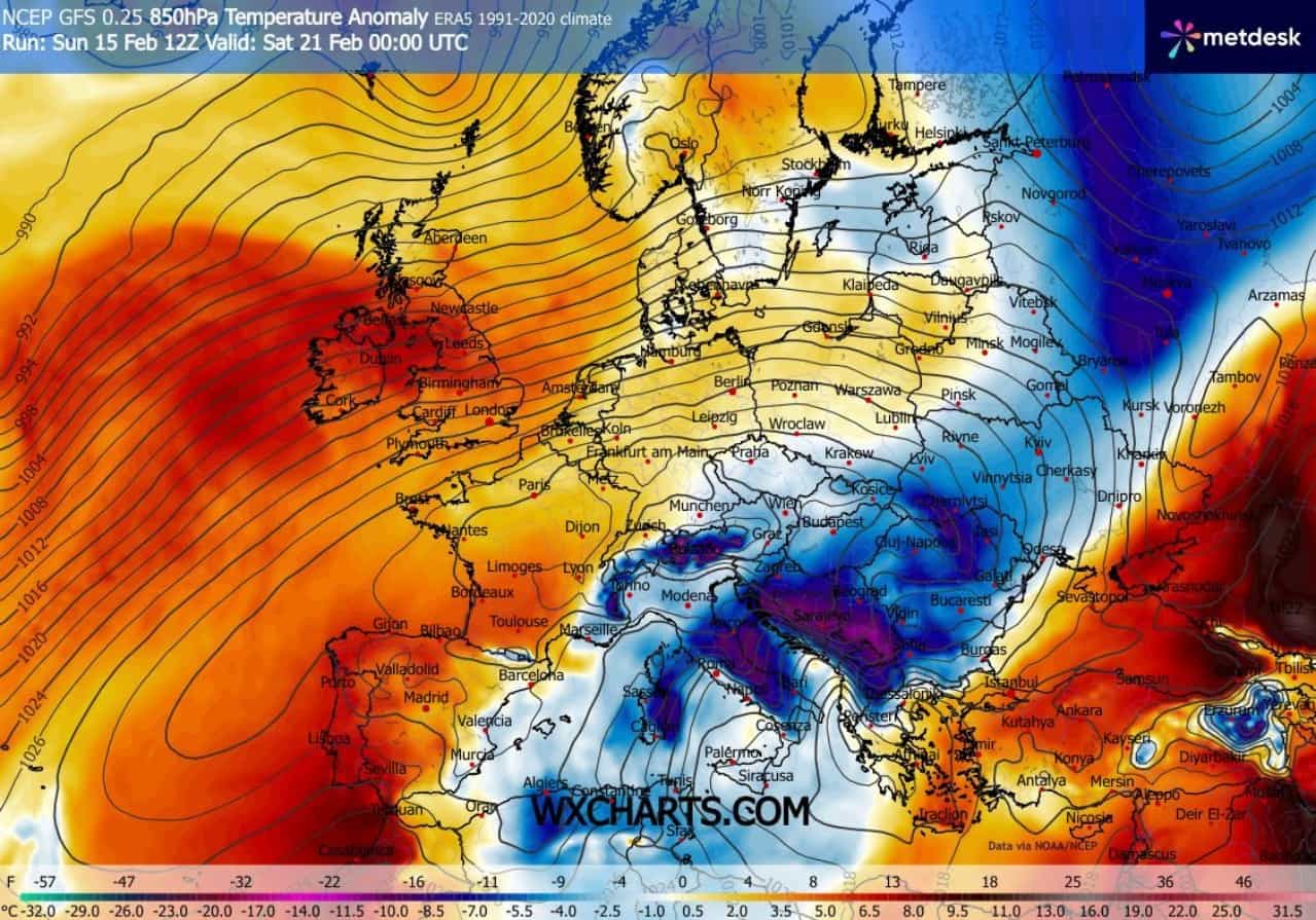 vortice Mediterraneo 19 febbraio neve bassa