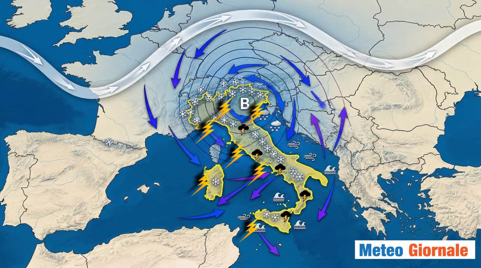 Ciclone di origine polare verso Italia: neve a quote molto basse