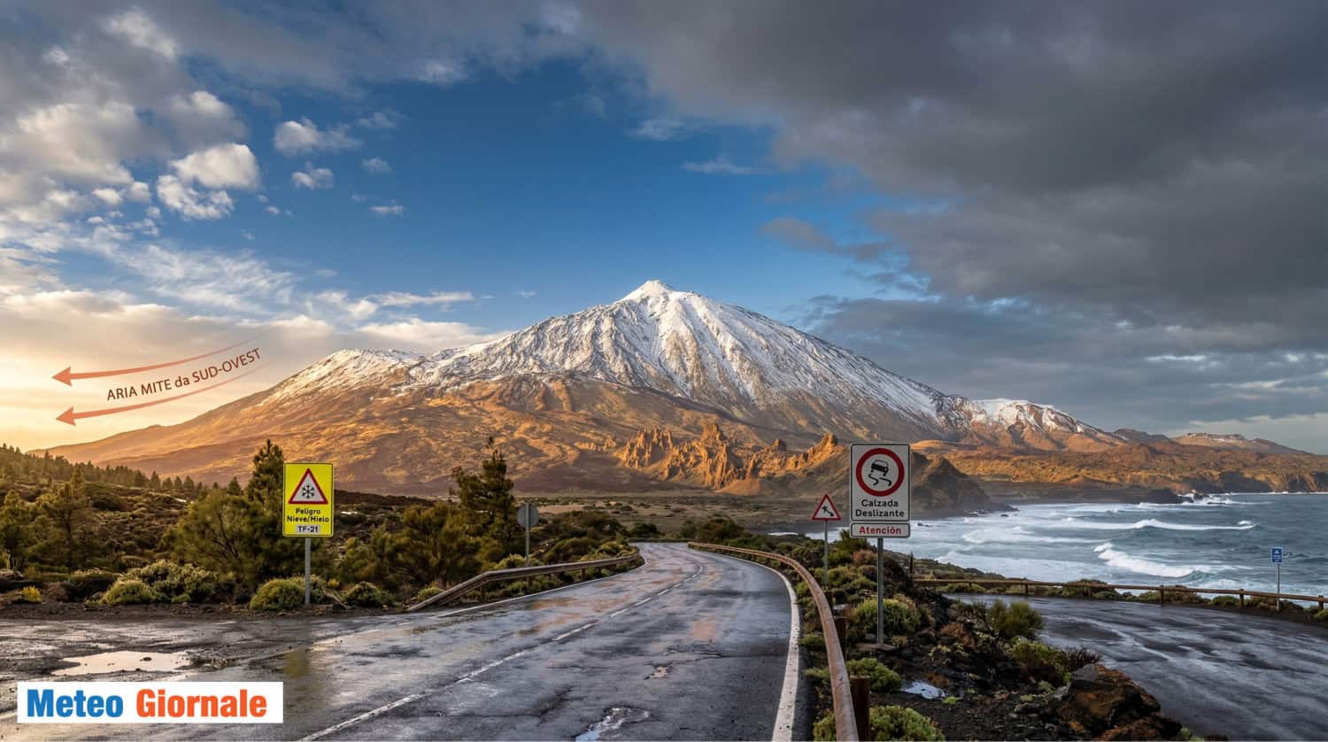Therese colpisce le Canarie: neve sul Teide e caos nei trasporti