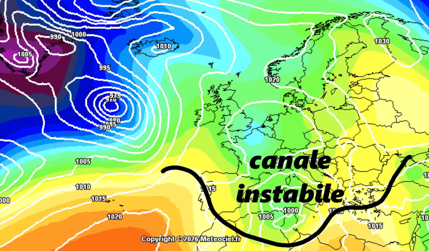 Esempio di fase meteorologica di probabile maltempo nelle prossime settimane. Non va presa alla lettera, ma semplicemente si deve tener conto che sussiste la concreta possibilità.