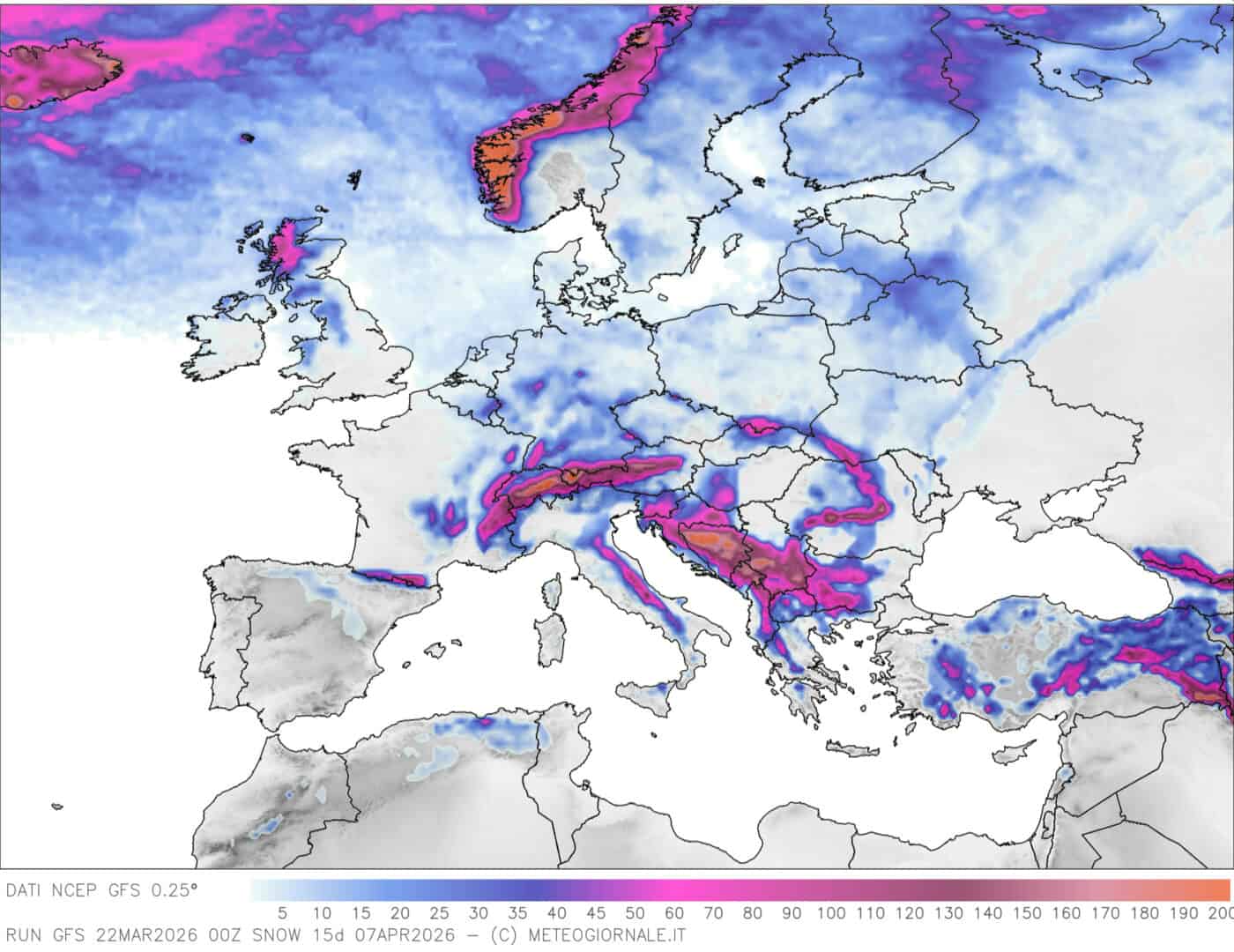 nevicate in europa stima GFS 22