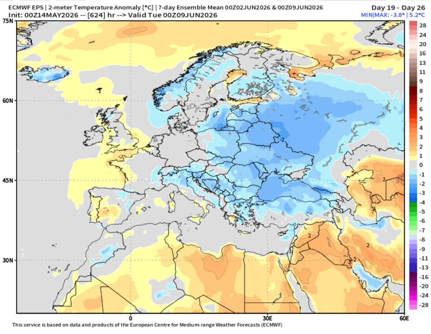 ECMWF temperature e anomalie meta giugno 2026 16