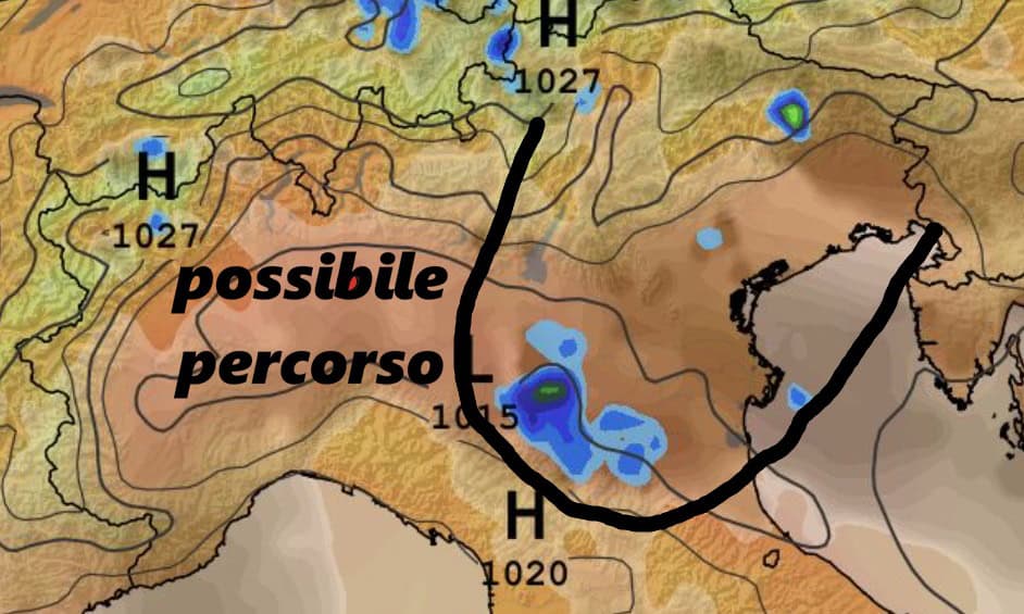 Possibile percorso di alcuni temporali tra Triveneto ed Emilia Romagna questa sera.