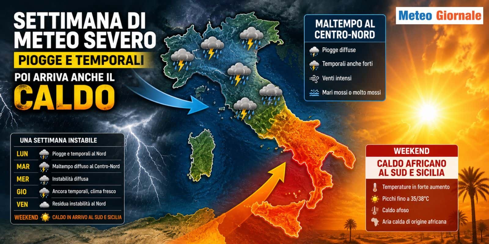 Settimana di meteo severo: piogge e temporali, poi arriva anche il CALDO