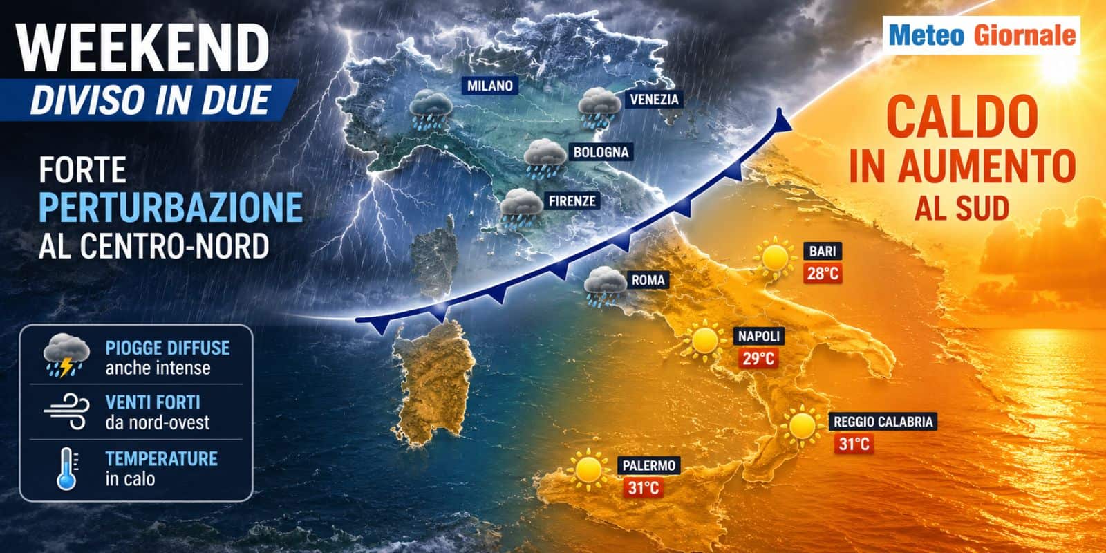 Weekend diviso in due: forte PERTURBAZIONE al Centro-Nord, caldo in aumento al Sud
