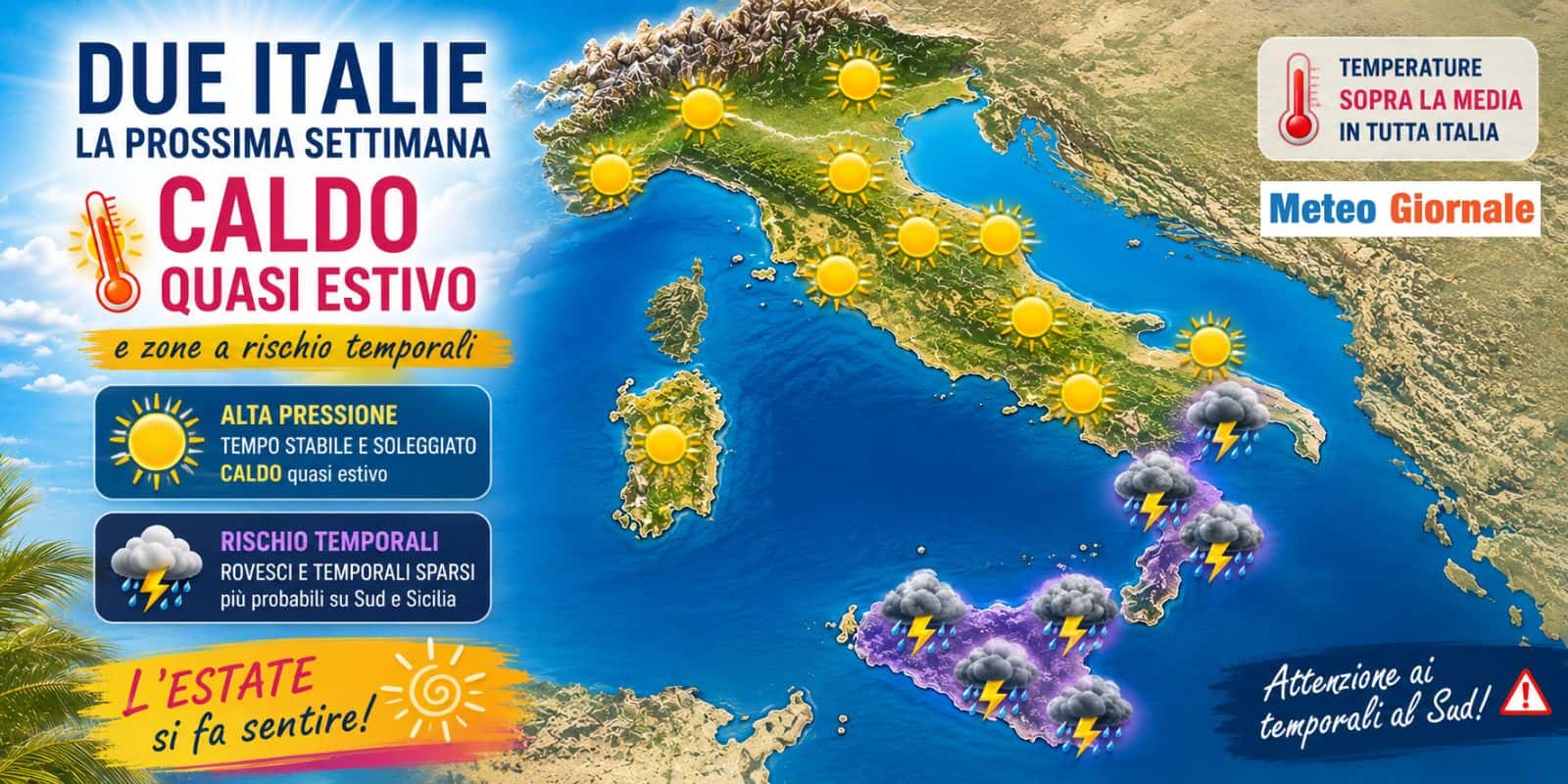Due Italie la prossima settimana: CALDO quasi estivo e zone a rischio temporali