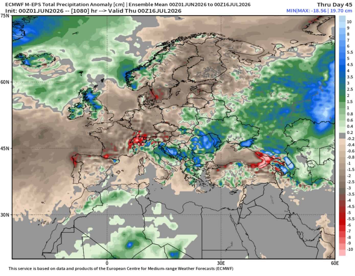 anomalie piogge sino al 16 luglio di ECMWF