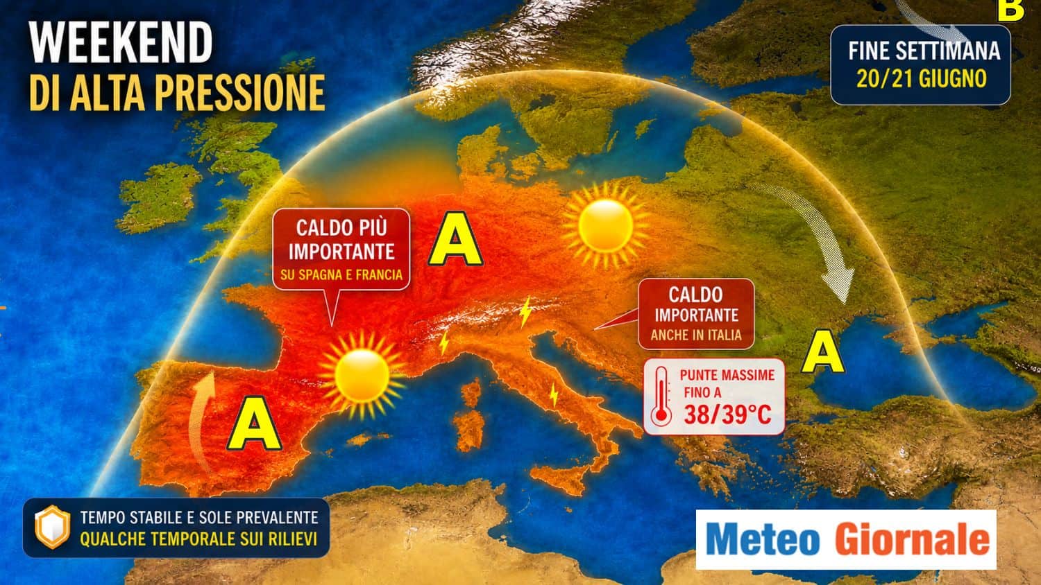 Weekend di afa e qualche temporale da calura sui rilievi: punte fino a 38/39°. Mappe