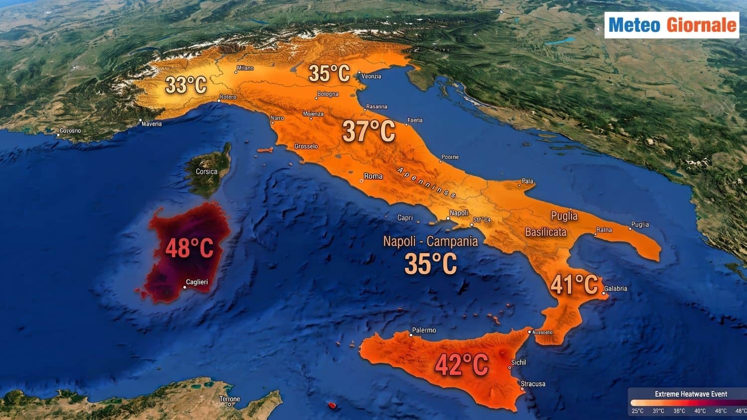 17 luglio: Cagliari Elmas 45,2°C. Tutte le temperature in Italia