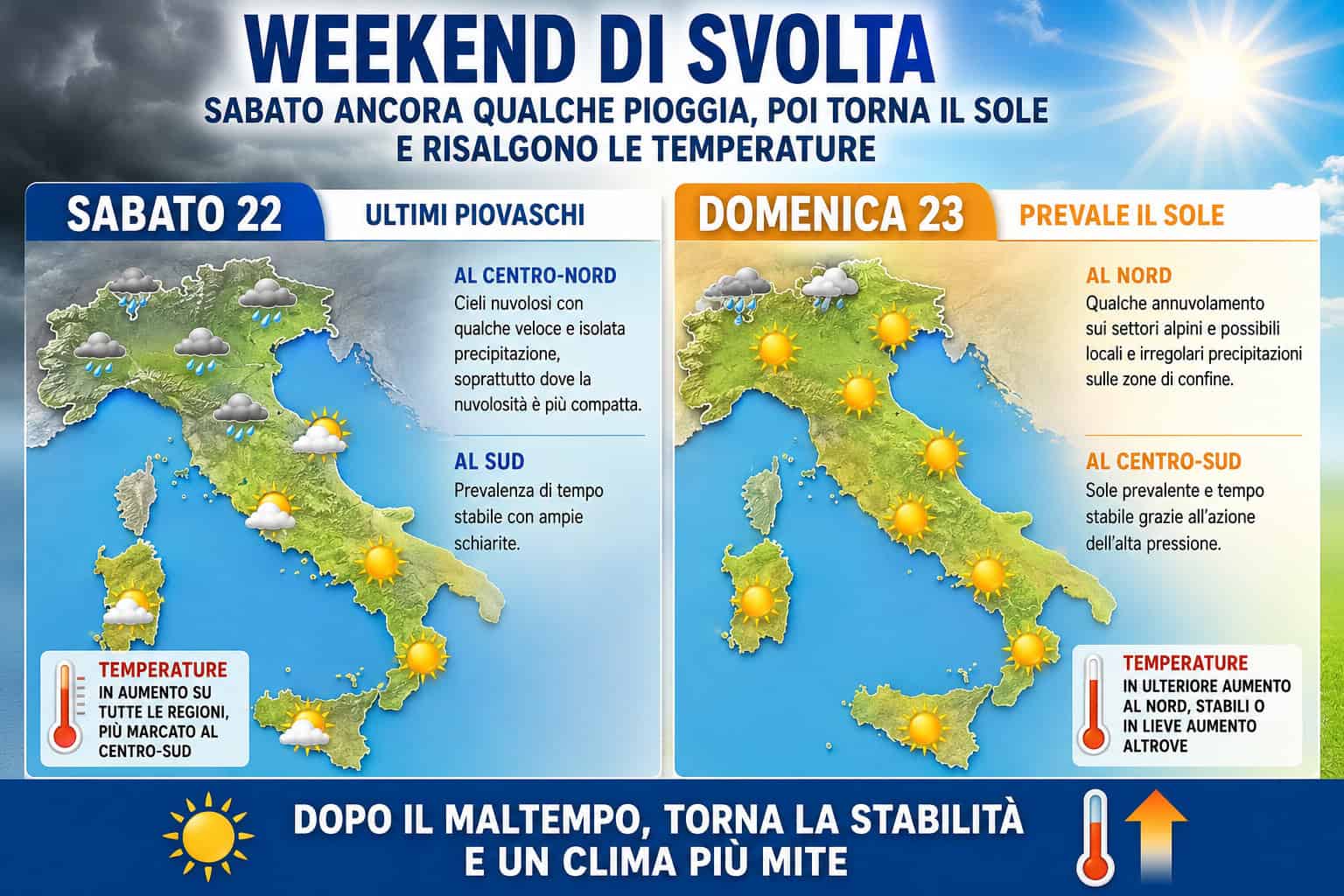 Weekend: sabato residue piogge, poi torna il sole e caldo