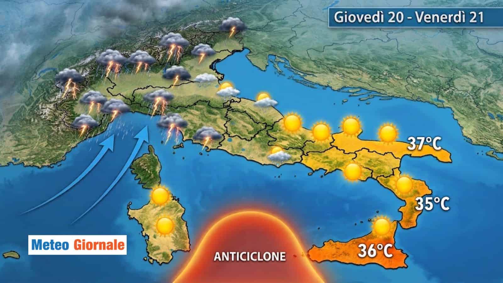 Giovedì 20 e Venerdì 21: centinaia di temporali e crollo termico al Nord