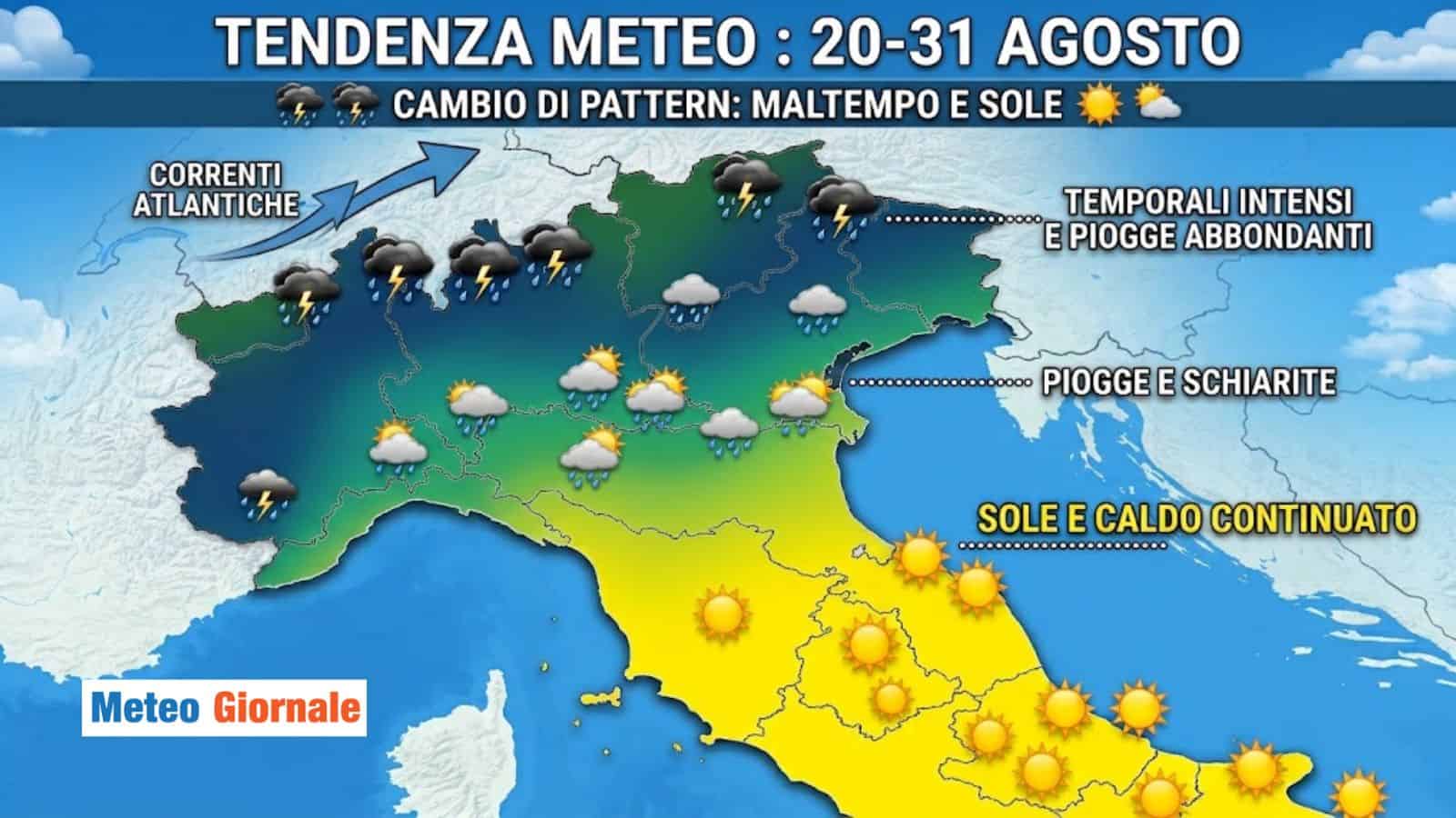 Radicale cambio del pattern meteo, Nord Italia preda di piogge temporali a lungo, MAPPE