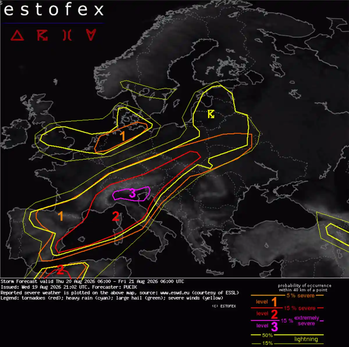 mappa extofex rischio eventi meteo estremi per il 20 agosto 2026