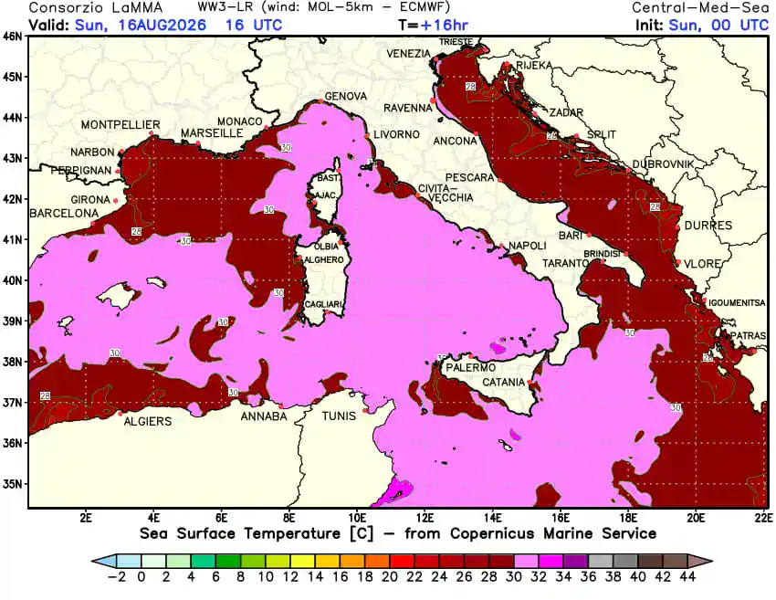 temperatura superficiale mar mediterraneo e italia
