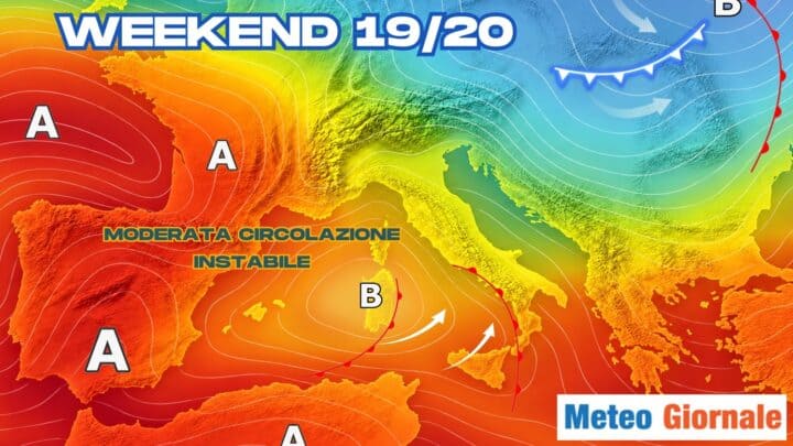 Il tempo del weekend 19/20: piogge e temporali su diverse aree, ma abbastanza mite