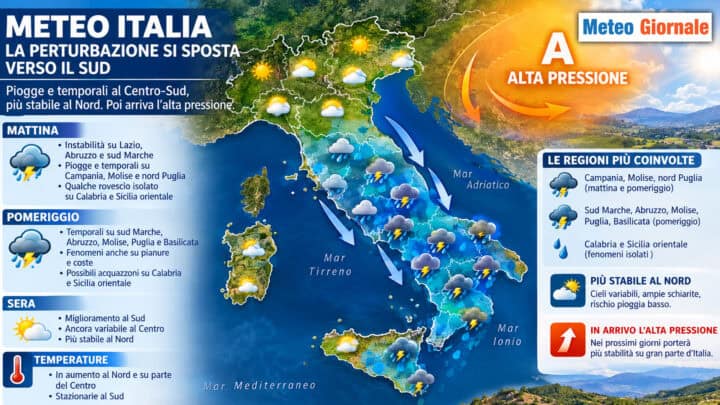 Meteo: maltempo verso sud con piogge e temporali