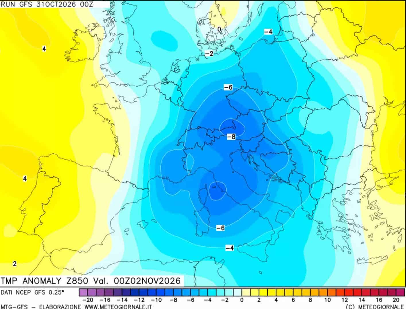 Meteo: aria fredda dall’Artico russo e ciclone sul Tirreno, poi Giovedì nuovo peggioramento 2 GFS anomalie temperatura 850 hPa per il 2 Novembre