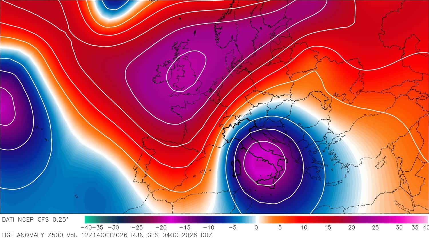 GFS che illustra potenziali gocce daria fredda verso Italia