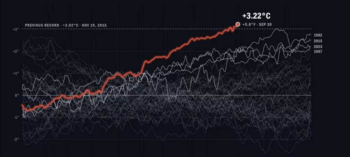 La NOAA ha pubblicato un grafico eloquente, che evidenzia le impressionanti anomalie termiche della zona interessata. Senza entrare troppo in dettagli tecnici, notiamo che la temperatura è molto oltre ogni precedente record. Stiamo cioè andando in territori inesplorati del clima, ma fortunatamente (per noi) le conseguenze in Italia sono pressoché nulle